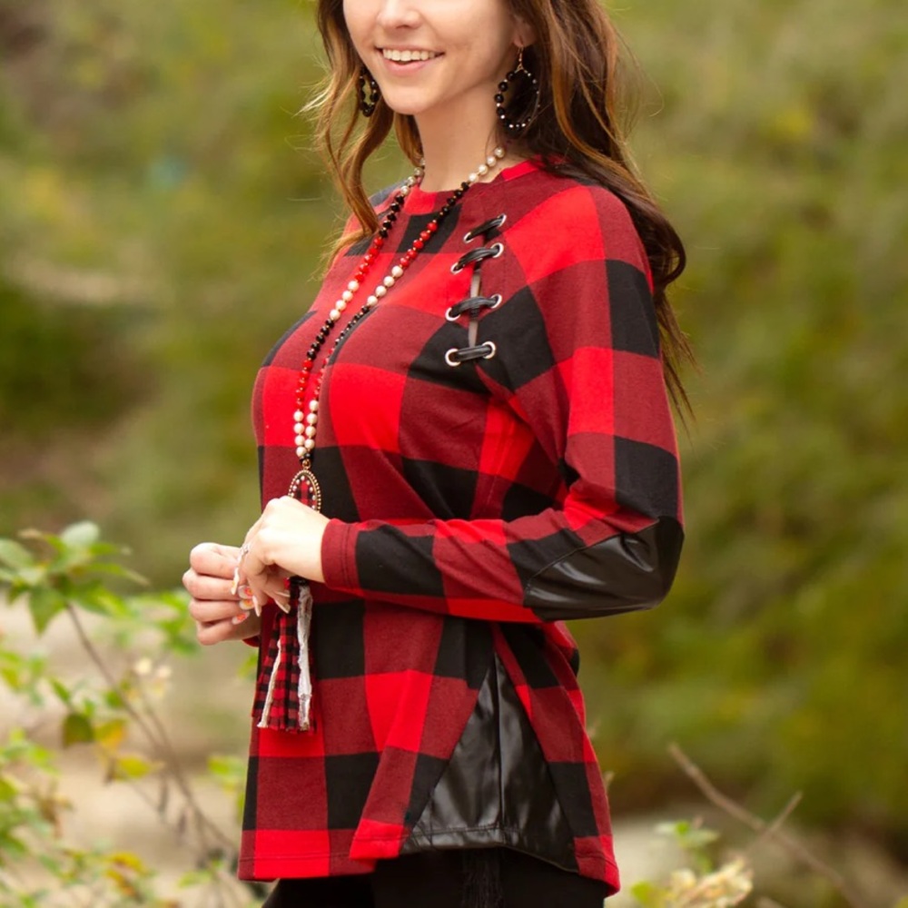 Red Plaid Top with‎ Black Faux Leather Accents NWT